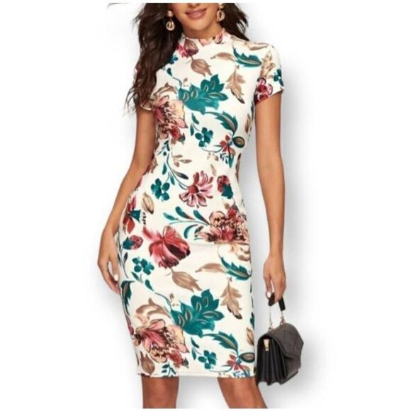 SHEIN WHITE, PINK, & GREEN FLORAL PRINT MOCK NECK BODYCON DRESS SZ.S EUC. - Picture 1 of 12